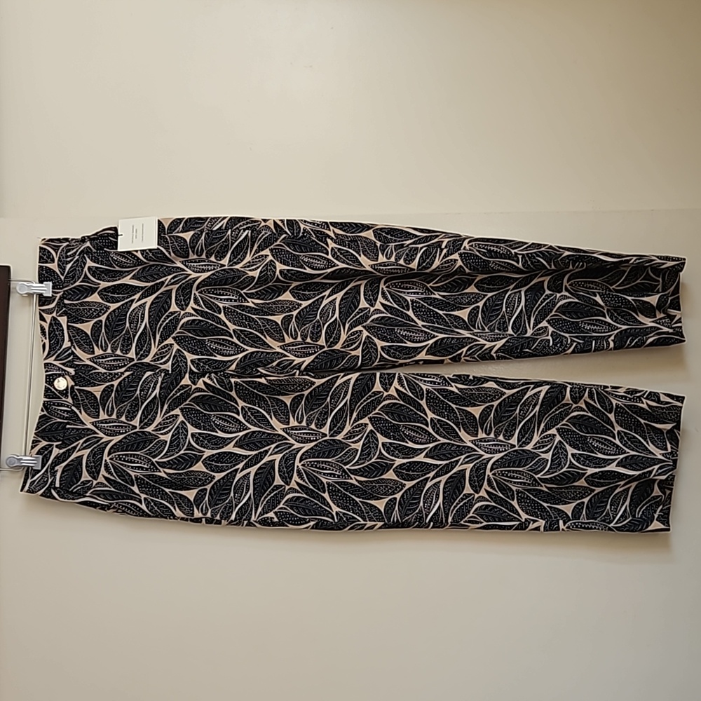 Anne Klein Linen Leaves Print Trousers Pants Wide Leg Sz Large
